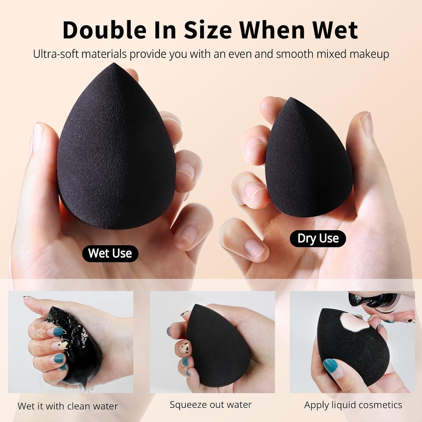 BEAKEY Makeup Sponge Set, 5 Pcs Foundation Blending Sponge, Beauty Sponges Flawless for Liquid, Cream, and Powder, Latex-Free and Vegan Boun Boun Sponges, Makeup Sponges Black