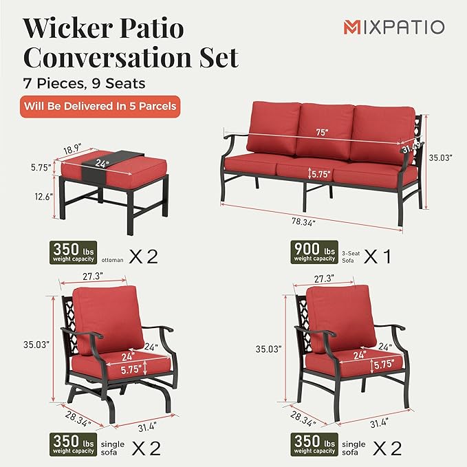 Patio Furniture Set 7 pcs, Outdoor Patio Furniture, 3-Seat Sofa, 2 Single Chairs, 2 Rocking Chairs, 2 Ottomans and 5.75" Extra Thick Cushion, Patio Conversation Set for Backyard Deck,Red