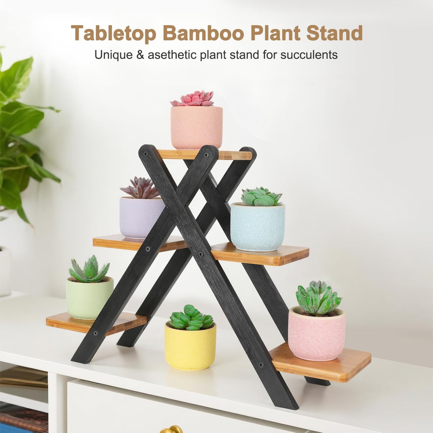 Jotsport Multi-Tier Bamboo Plant Stand for Mini Succulents Windowsill Plant Shelf Tabletop Kitchen Small Planter Pots Display Stand