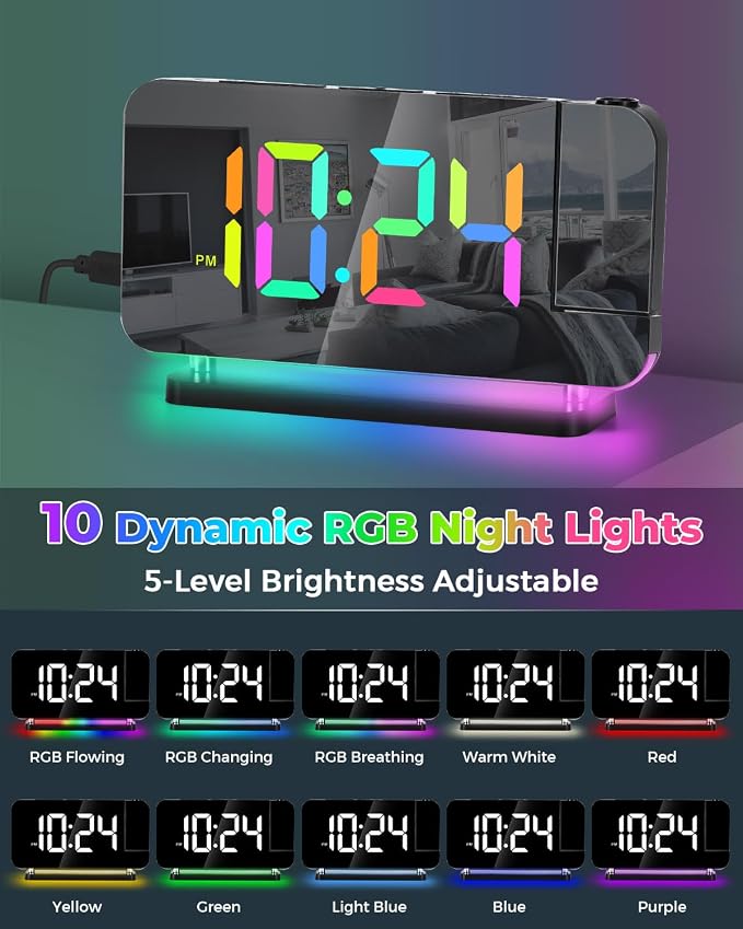 SZELAM Projection Alarm Clock, 7.4 in Digital Mirror Clocks,with 180° Rotatable Projector, RGB Night Light,USB C Charger Port, Auto Dimmer, LED Desk Clock for Bedroom - Black