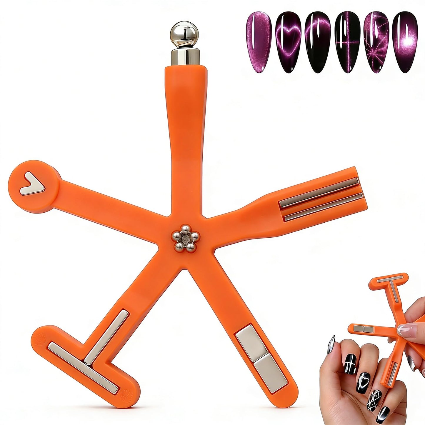 Plman 8 In 1 Cat Eye Magnet Tool with Magnetic Bead for Cat Eye Gel Nail Polish - Neodymium Nail Art Tools for Beginners DIY at Home and Professional Salon (8 in 1 Set - Orange)