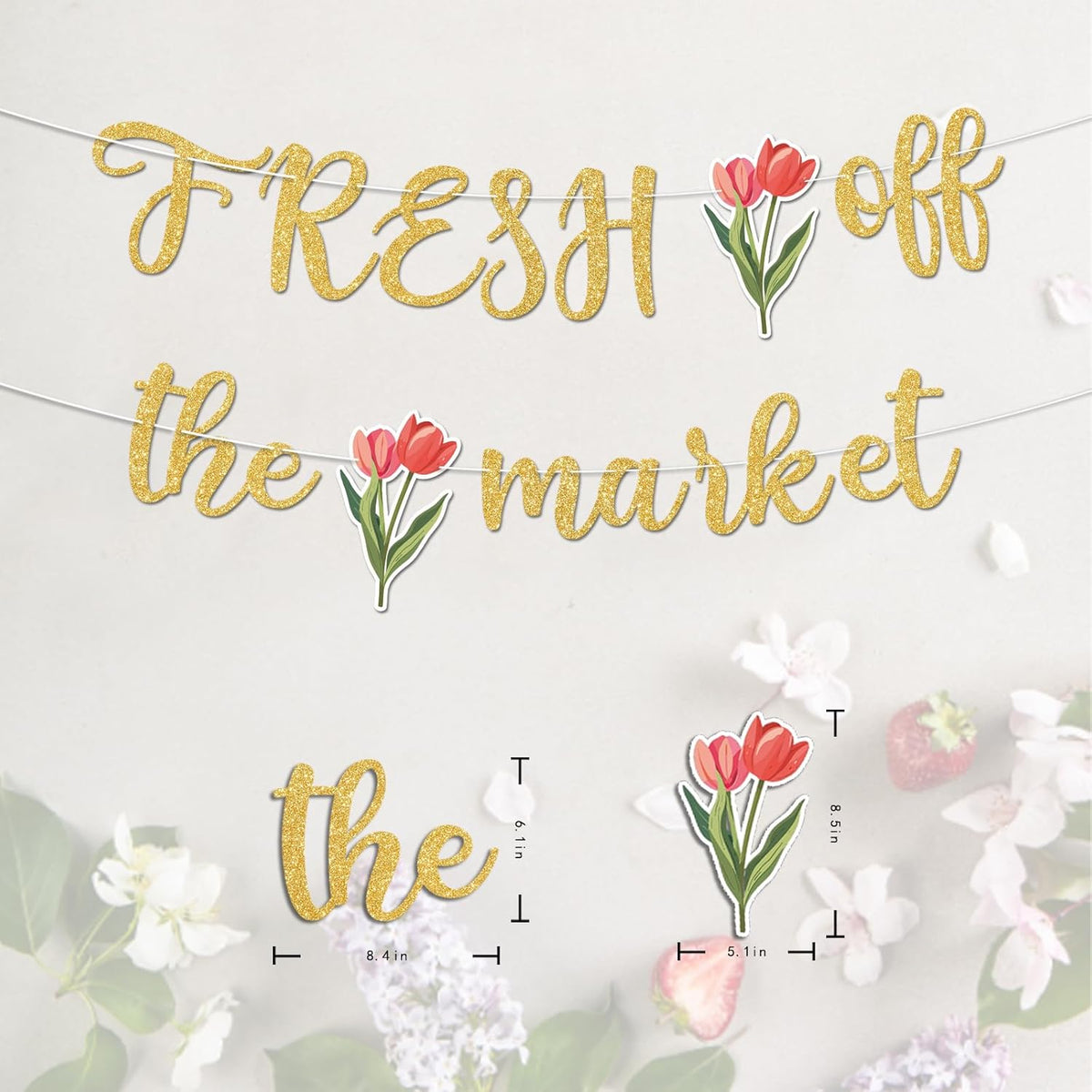 Fresh Off The Market Bridal Shower Banner, Gold Glitter Farmers Market Floral Theme Wedding Banner for Bachelorette Wedding Engagement Party Decorations Supplies, No DIY.