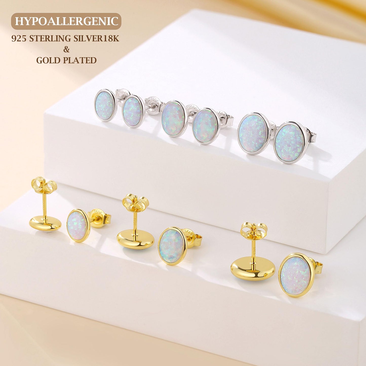 JiayangJY White Fire Opal Stud Earrings for Women 18K White Gold Plated Sterling Silver Oval Shape 7mm Opal Earrings with Push Back
