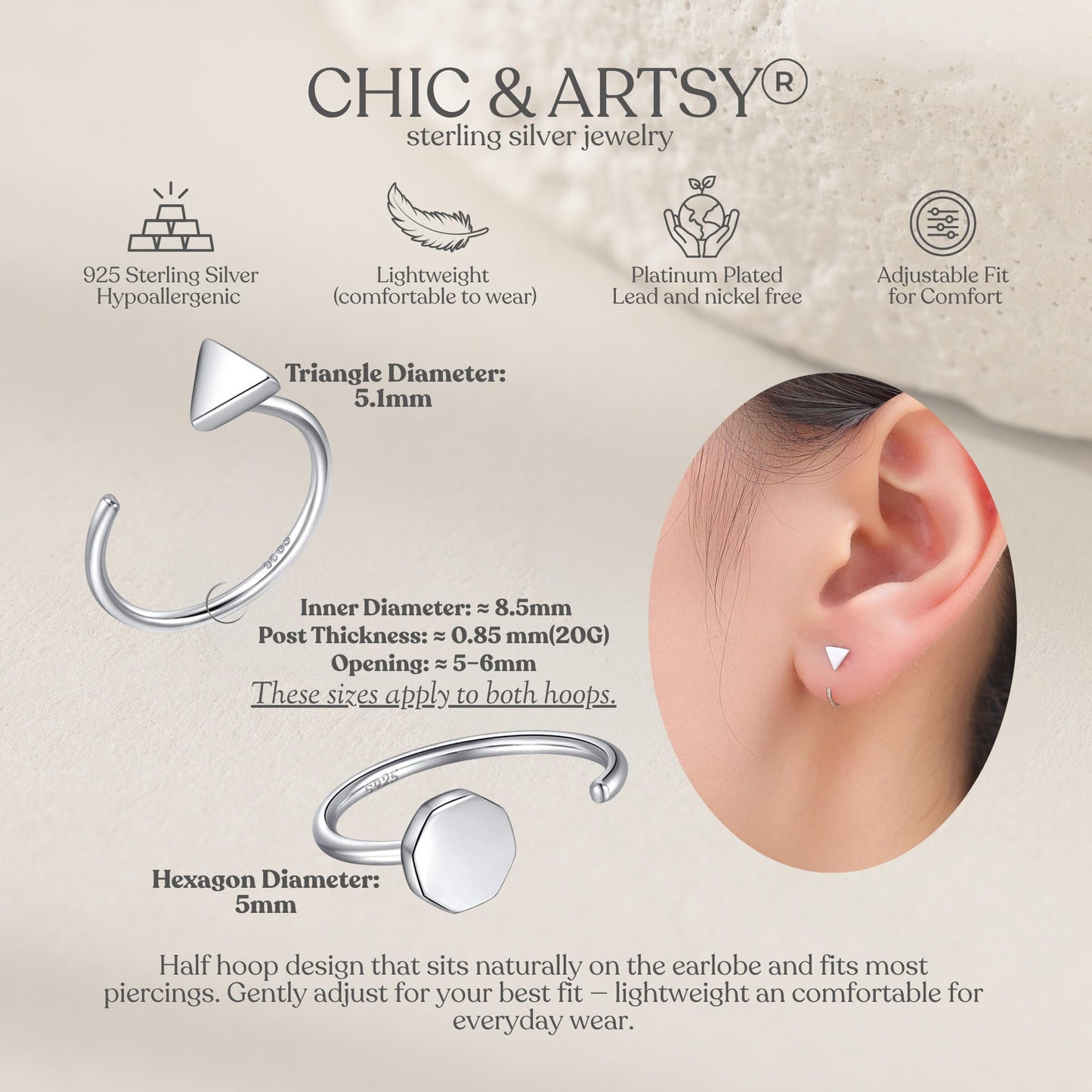 925 Sterling Silver Huggie Earrings - Triangle Dot Half Hoop for Women - Open Little Huggy Earrings - 2 Pairs