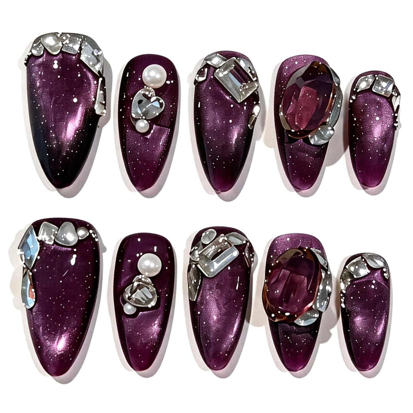 SILPECWEE 10PCS Almond Press on Nails, 10Pcs Handmade Fake Nails Medium Rhinestones Purple Cat Eye Gel Flase Nails Acrylic Press Ons for Women Manicure Supplies