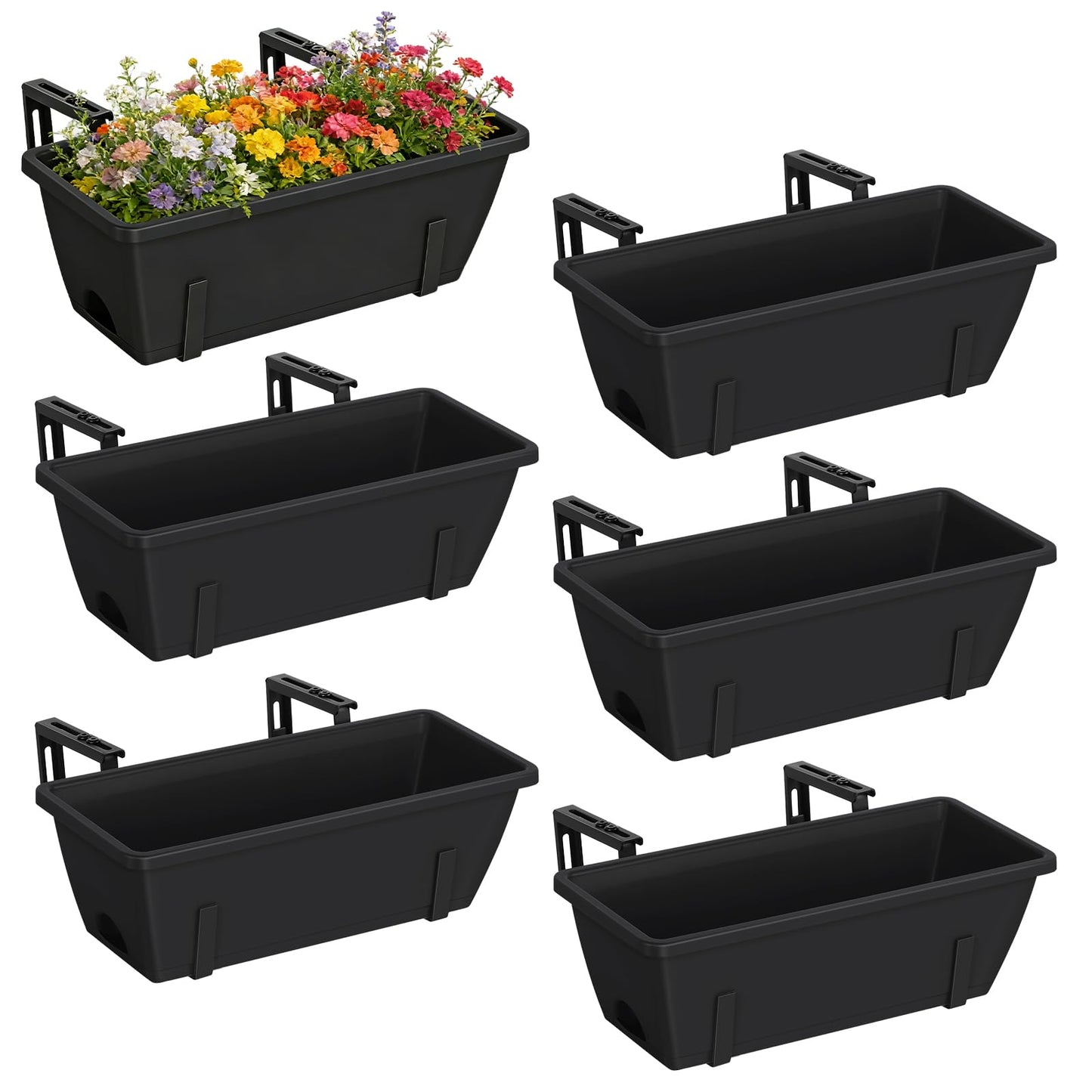 CADUKE 6 PCS Railing Planter Boxes, Black Planter Boxes with Adjustable Bracket, 17 Inch Deck Rail Planters for Outdoor Plants, Flower Pots for Balcony Garden Decor