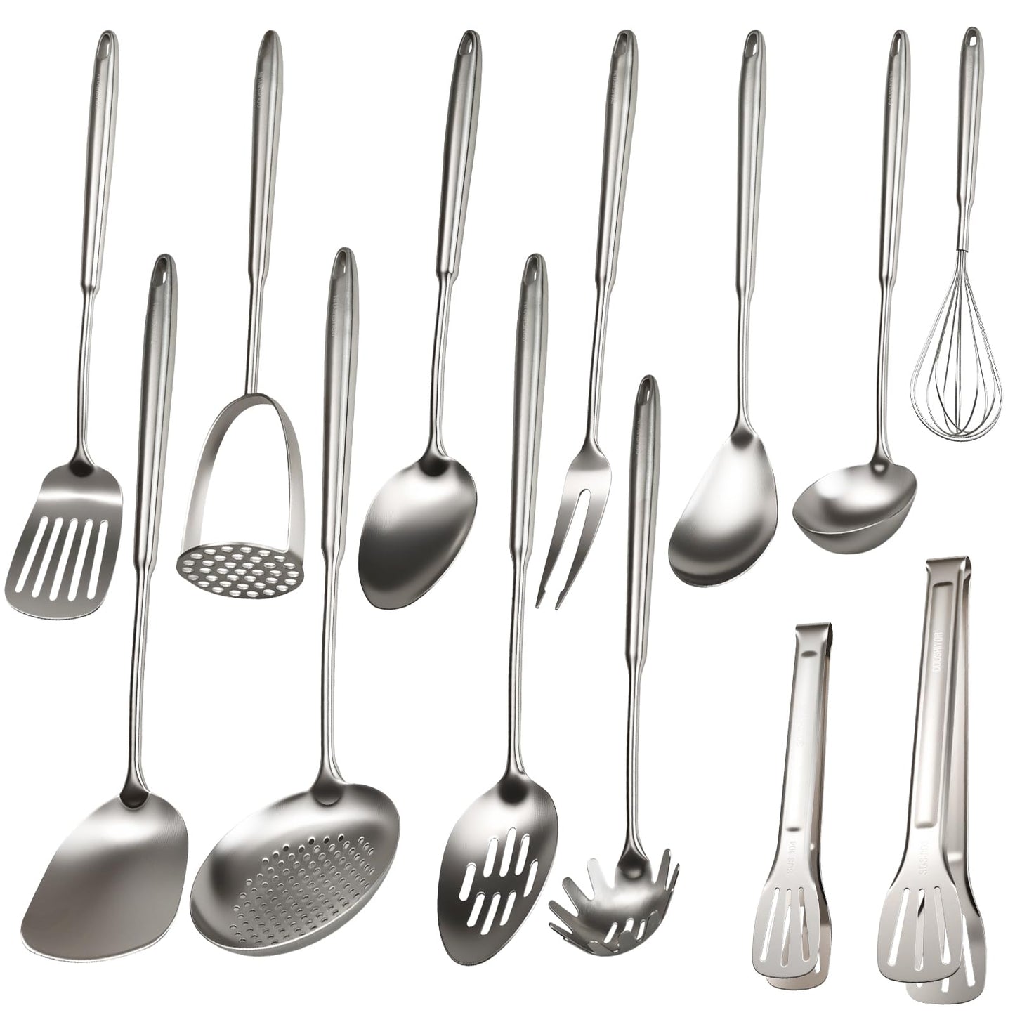 304 Stainless Steel Cooking Utensils Set, 13 PCS Long Large Metal Cooking Utensil Tools Set, Mirror Polished Kitchen Gadget Cookware and Kitchen Tool Set, Dishwasher Safe