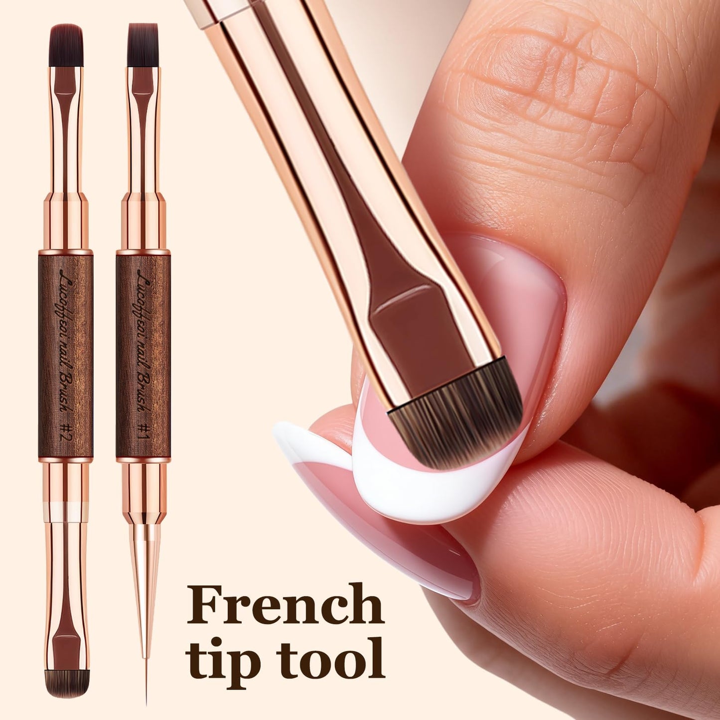 Nail Brushes Set for Builder Gel & Polygel, 2-Pack Double-Ended with Wooden Handles & Pouch (Round + Square, French tip + Liner)