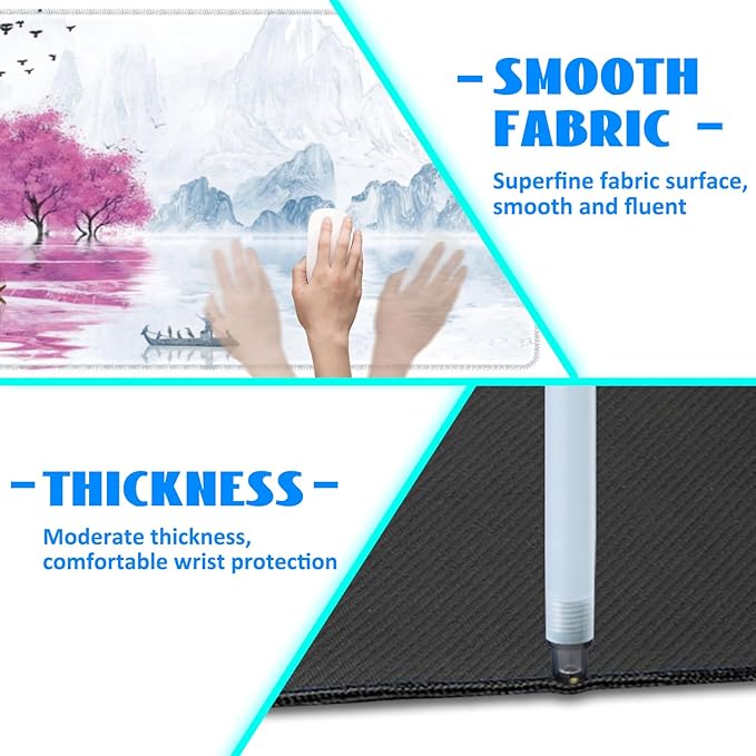 Desk Mat, Cherry Blossom Tree Oil Ink Painting Extended Gaming Mouse Pad Large, 35.4"x15.7" Big Mouse Pad with Non-Slip Base and Stitched Edge, Long Computer Keyboard Mouse Mat for Home Office Work