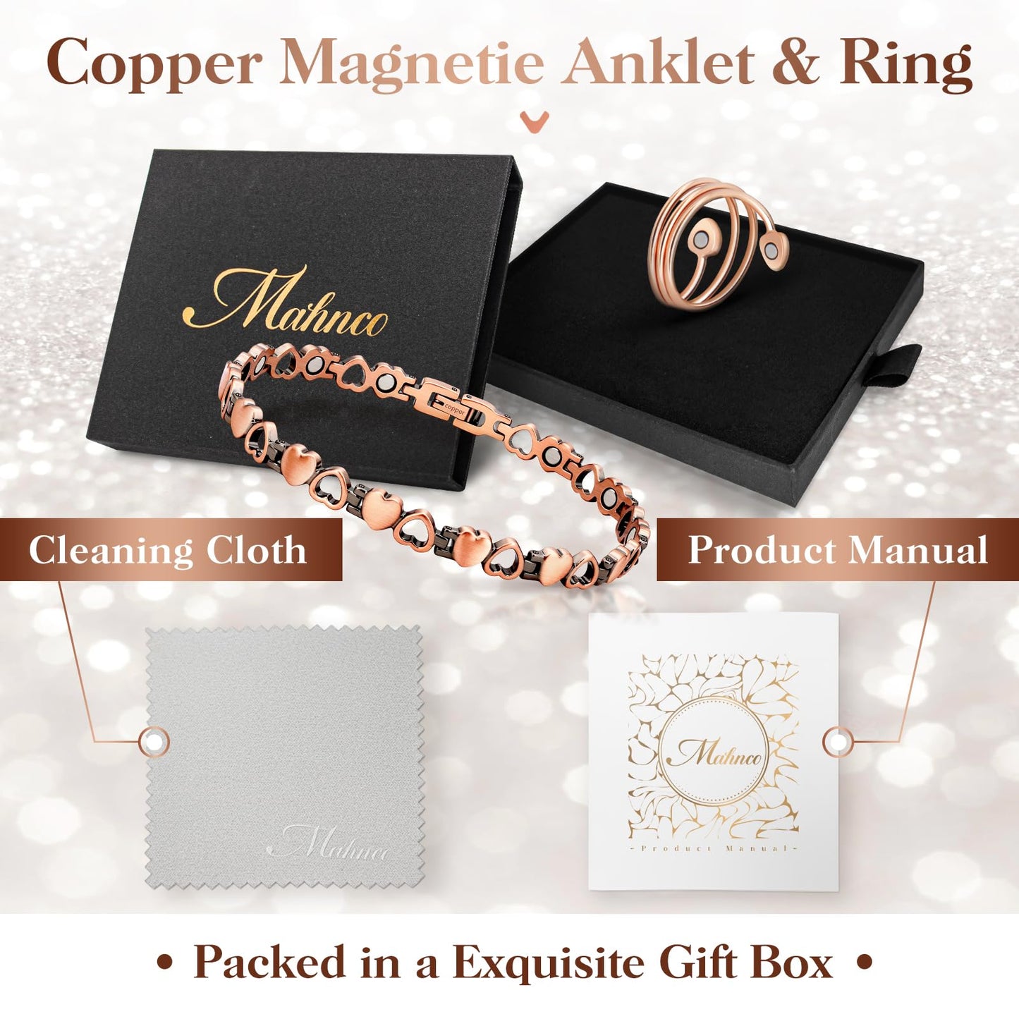 Copper Anklet for Women Magnetic Ankle & Lymphatic Drainage Ring with 3500 Gauss Magnets 100% Solid Pure Copper Jewelry Gift with Adjustment Tool(Heart Degisn)