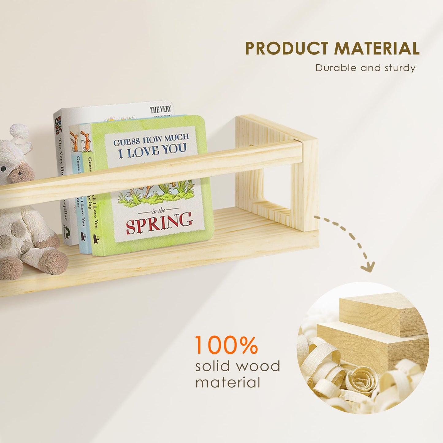 Picrit Set of 4 Natural Solid Wood Nursery Floating Shelves - Decorative Wall-Mounted Kids Bookshelf for Toy Storage & Book Display in Playroom or Kids Room, Durable Organizer