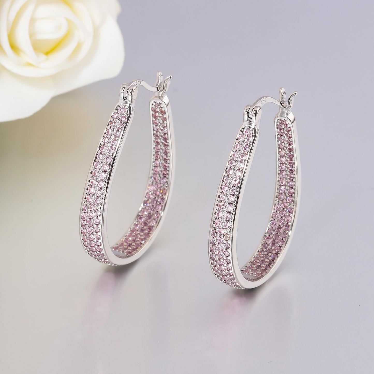CiNily 925 Sterling Silver Post Oval Hoop Earrings for Women Light Pink Cubic Zirconia Hoop Earring Large Chunky Hoop Earrings 14K White Gold Plated Gemstone Earrings