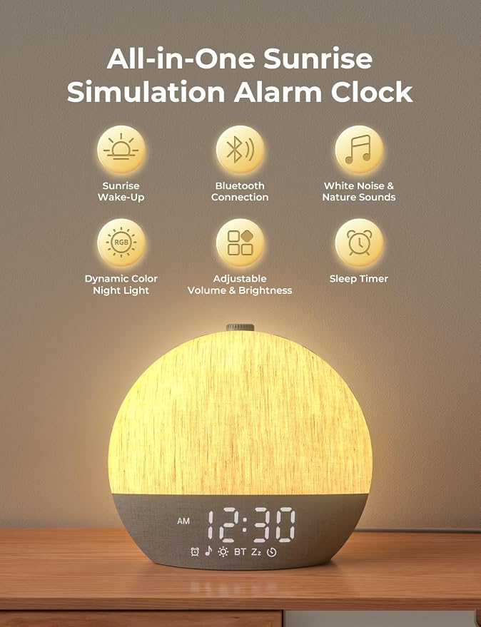 LIORQUE Wake Up Light Sunrise Alarm Clock for Bedrooms with BT Speaker