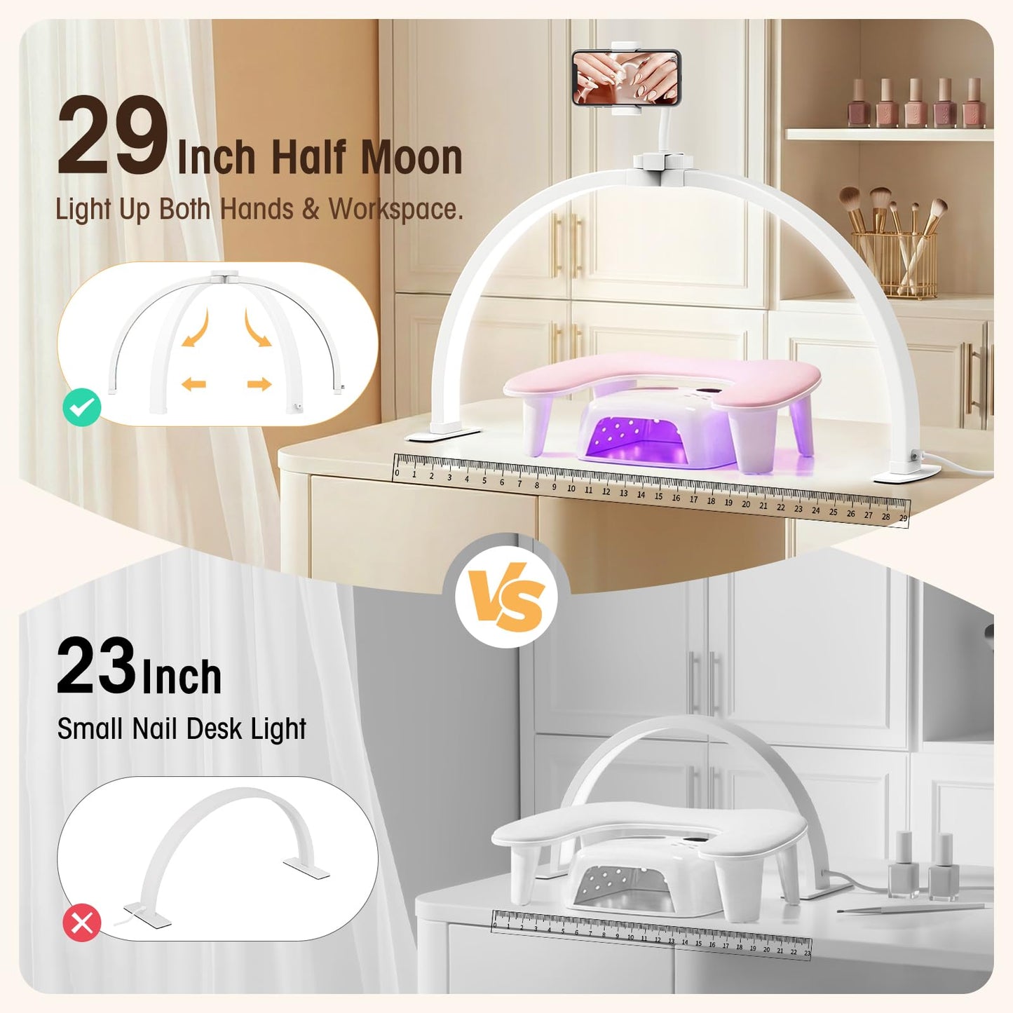 LIONVISON Half Moon Light for Desk: 29" Foldable Nail Light for Desk with Phone Holder - 3000K-6500K 3 Color Modes 10 Brightness for Salon Nail Technicians & Home DIY Manicure Enthusiasts (White)