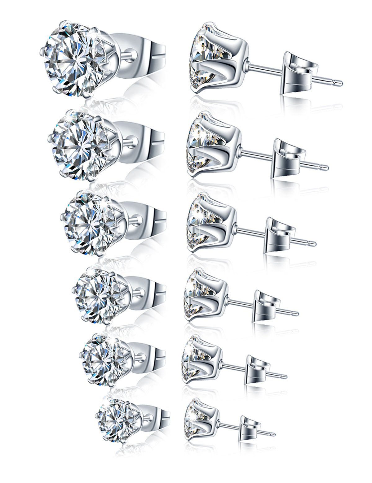 Stainless Steel Stud Earrings Hypoallergenic Cubic Zirconia (6Pairs) (Silver)