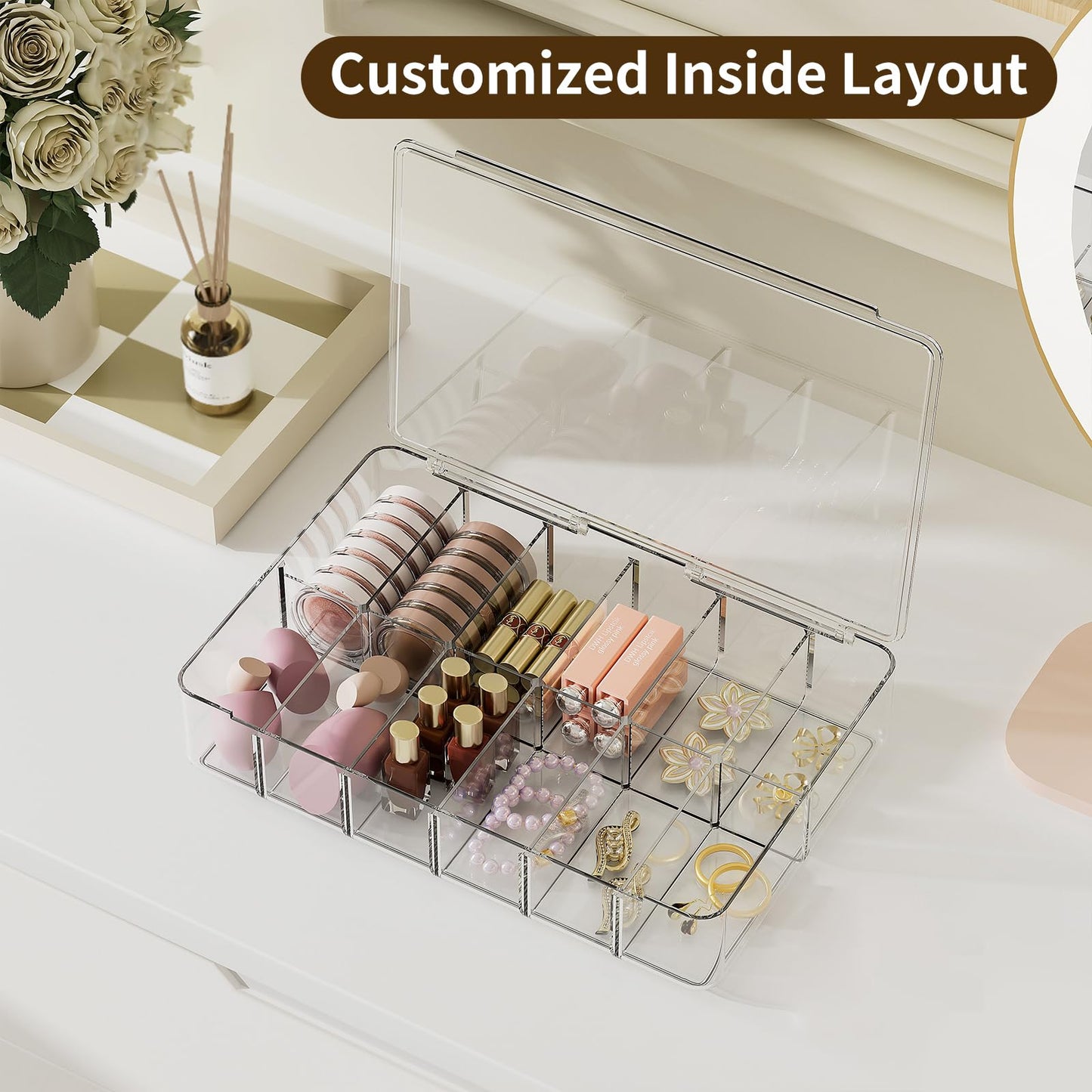 APLOP Clear Acrylic Makeup Organizer with Cover - 12 Compartments Cosmetic and Jewelry Organizer for Vanity and Desk Storage