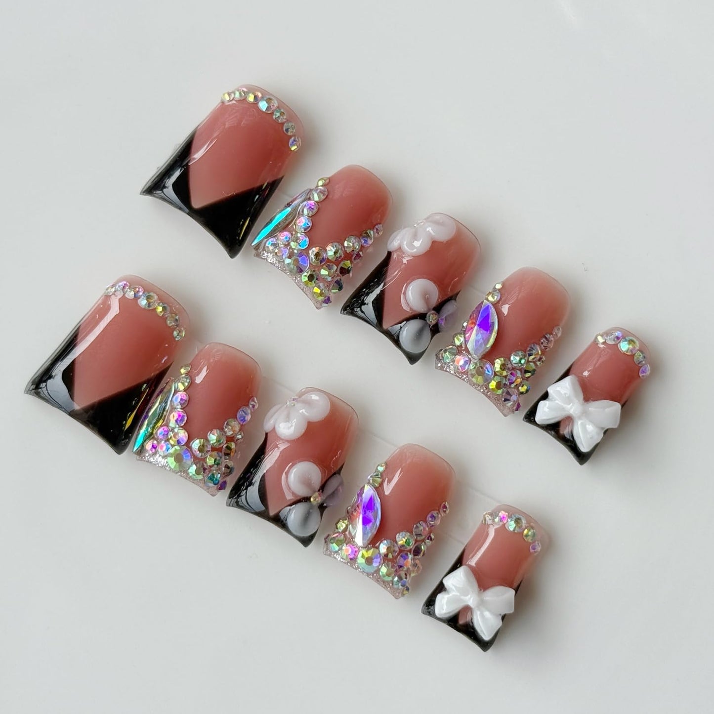 Haozerart Luxury Handmade Press-on Nails, 10 Pcs Short Square Black V French Tip Fake Nails with Rhinestones & White Bow, Reusable Nail Kit for Women M Size