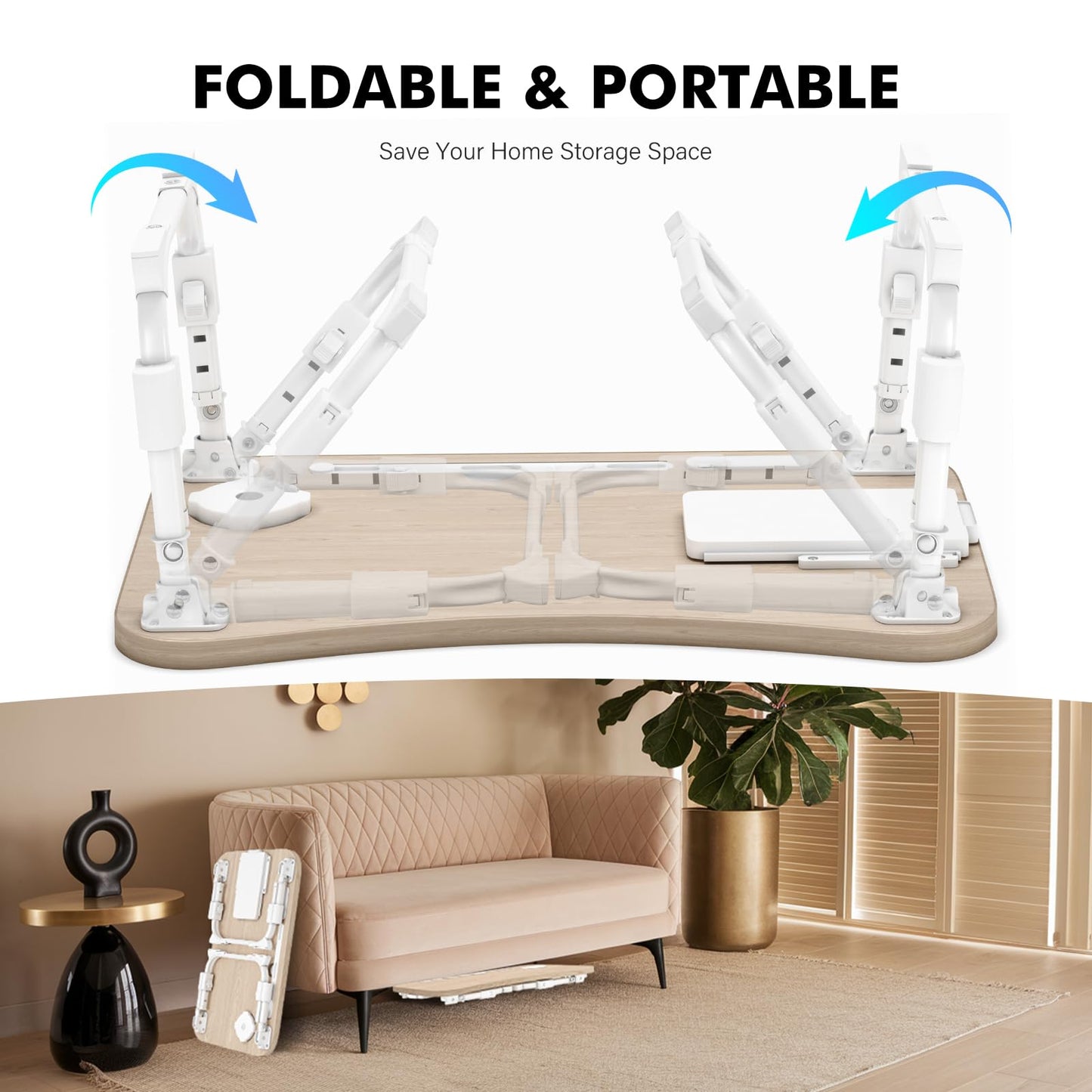 Lap Desk for Bed Adjustable Height, Foldable Bed Table with Storage Drawer, Tablet Slot & Cup Holder, Portable Laptop Stand for Bed & Sofa, Bed Desk for Adults & Kids, Glacier