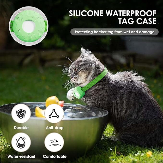 ZFSJTAG GPS Tracker for Cats, Cat Tracker Collar with Safety Elastic Buckle, Compatible with Apple Find My App (Only iOS), No Monthly Fee, Waterproof (White Tracker, Green Cat Collar)