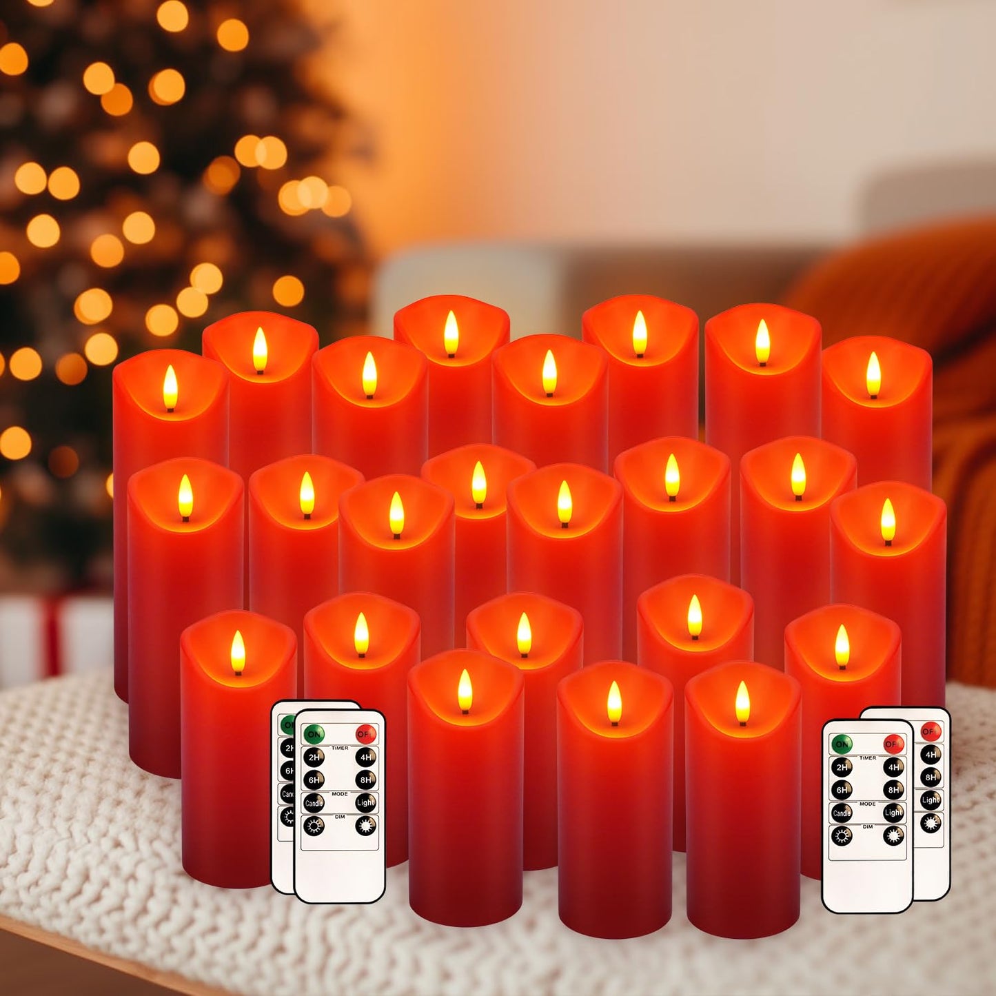 CAKETYCG 24-Pack Red Flameless LED Candles with Remote - Realistic Flickering Battery - Operated Pillar Candles forValentine's Day, Home Decor, Weddings, Parties.