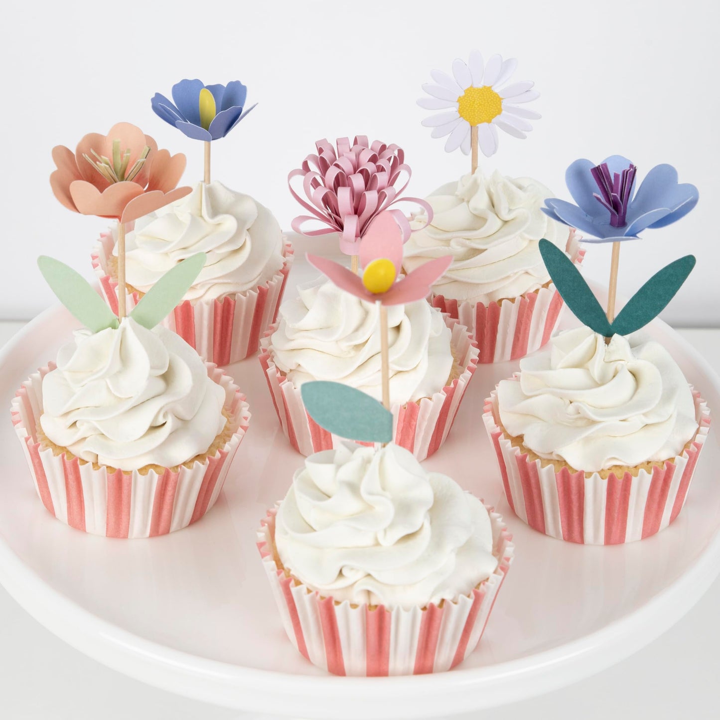 Meri Meri Flower Garden Cupcake Kit (Pack of 12), Flower Cupcake Decorations, 12 Cupcake Toppers & 12 Pink and White Striped Cupcake Liners
