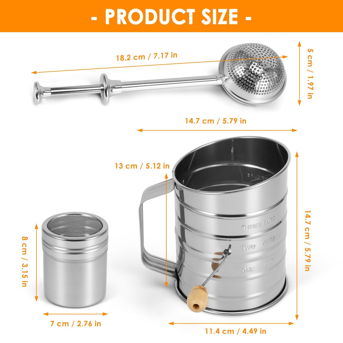 Large Handheld Rotary Flour Sifter Set – Stainless Steel Hand-Crank Sifter with Baking Sifter, Powder Sugar Duster, Shaker Cup & Sifter Stick for Cakes, Bread & Pastry