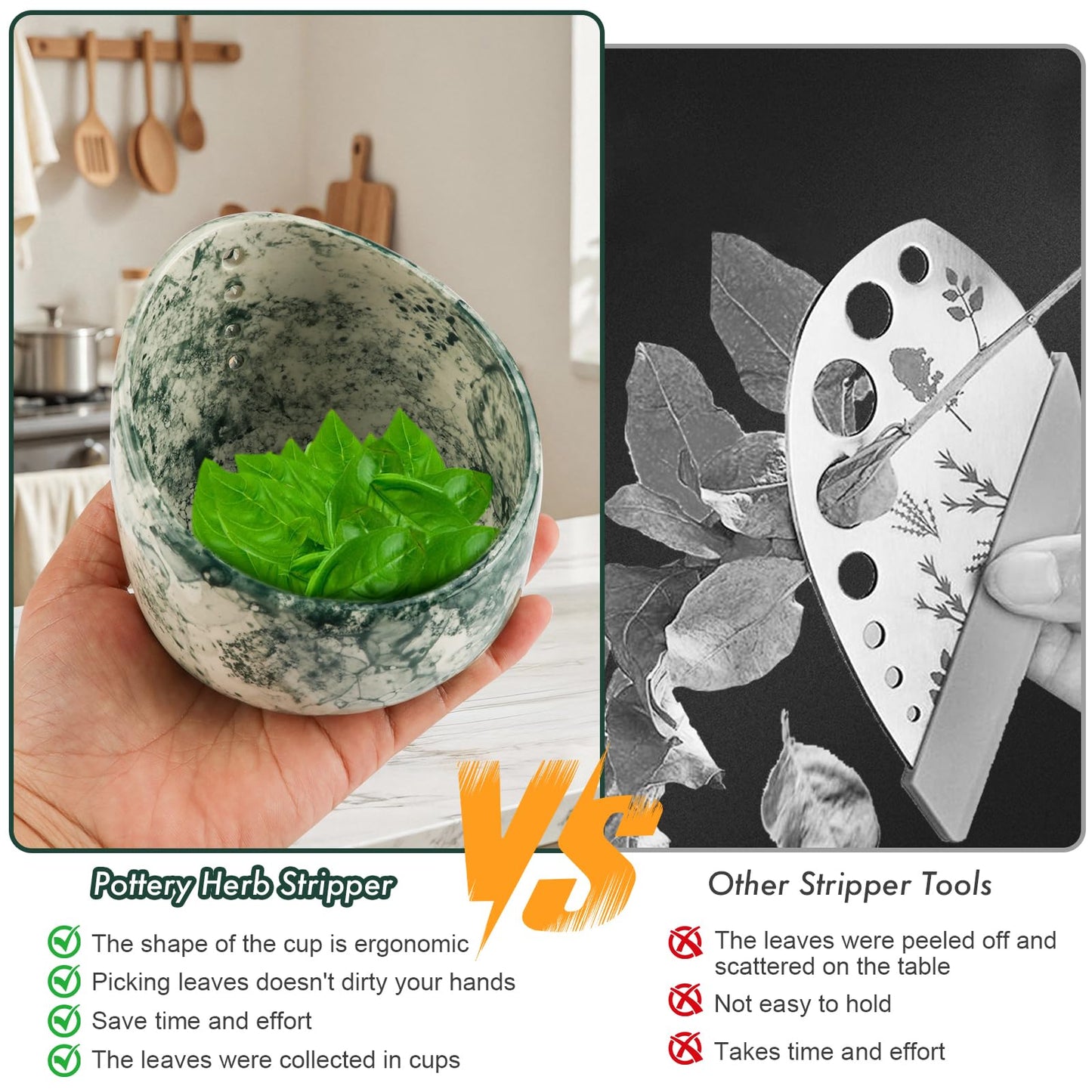 MOCCOOL Ceramic Herb Stripper Bowl with Multi-Size Holes, Pottery Leaf Stripper Tool for Rosemary, Thyme and Kale, Green Decorative Kitchen Gadget, 5.2 Inch