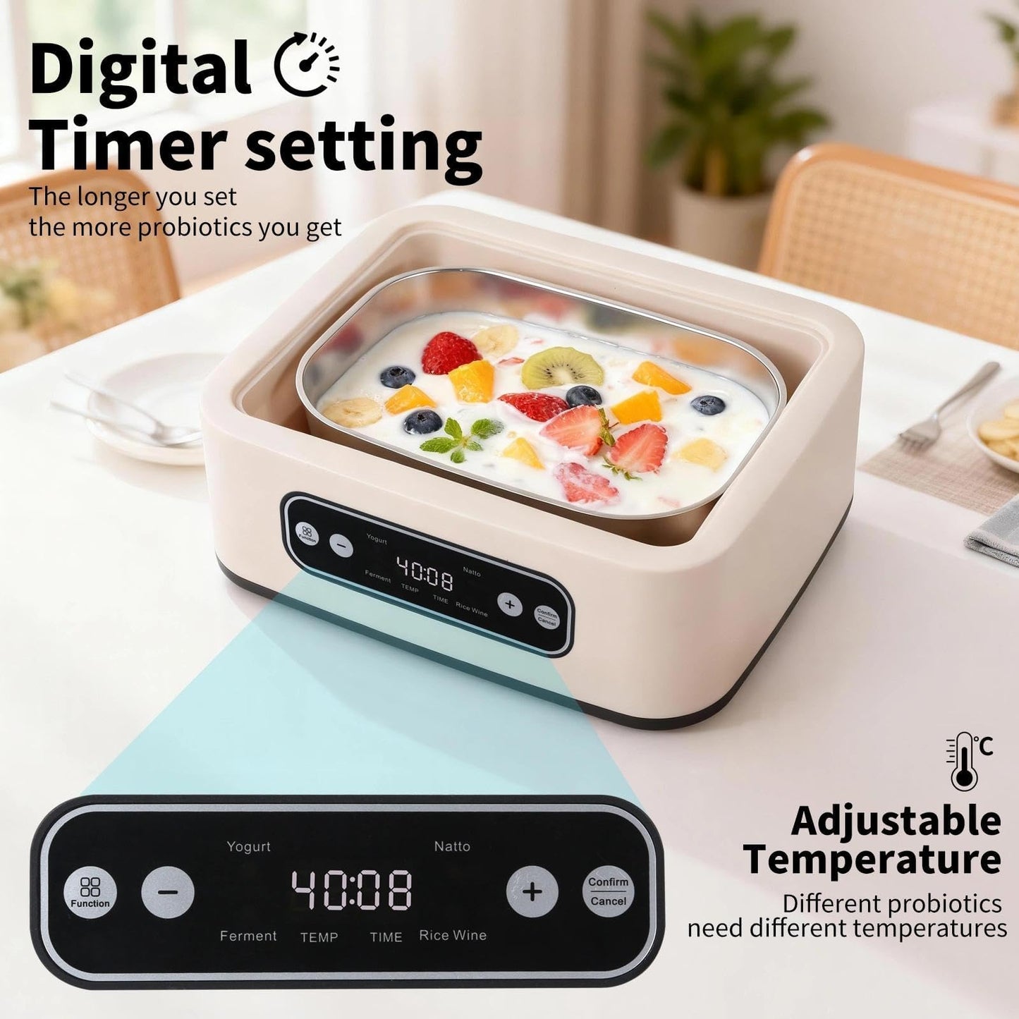 Yogurt Maker with Timer and Temperature Control, Fully Automatic for Home Use. Perfect for Making Greek Yogurt and Probiotic Yogurt, Equipped with an Automatic Shut-off Function