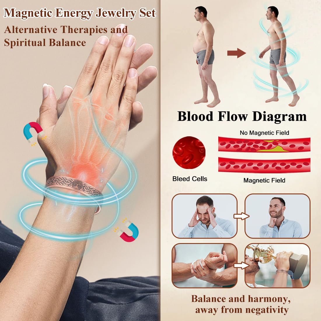 Cigmag Copper Magnetic Bracelet for Men, with Powerful 9X 5000 Gauss Magnets, Adjustable Solid Pure Copper (Sun Moon Life Tree)