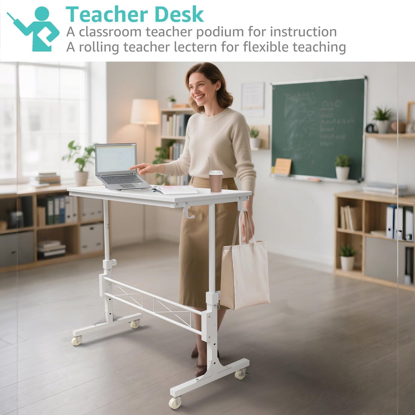 WINAZ Small Portable Treadmill Walking Pad Desk on Wheels, 32 Inch White Adjustable Height Mobile Rolling Standing Teacher Desks, Couch Sofa Side Laptop Stand Up Table for Bedroom, White