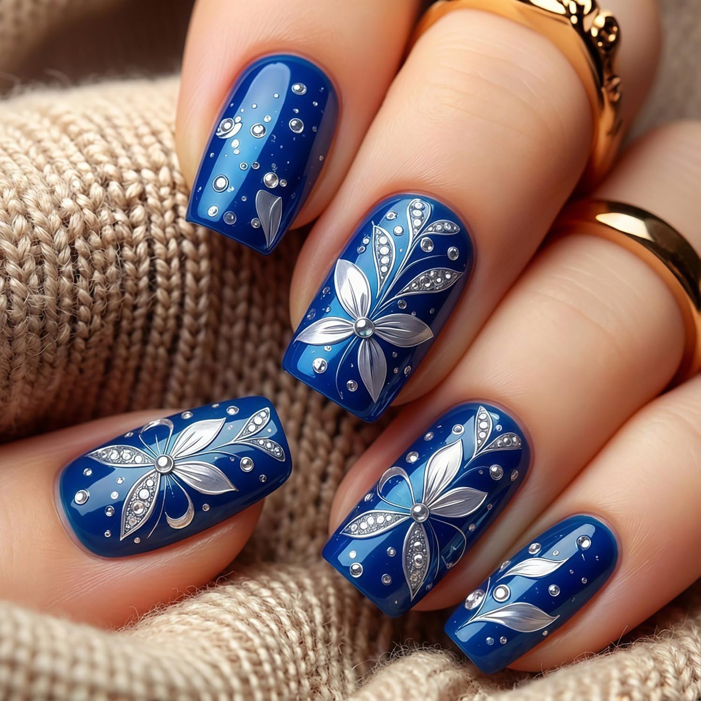 Dark Blue Press on Nails Short Square Fake Nails with White Flower Leaf Pearls Design Floral False Nail Acrylic Spring Summer Stick on Nail for Women 24Pcs