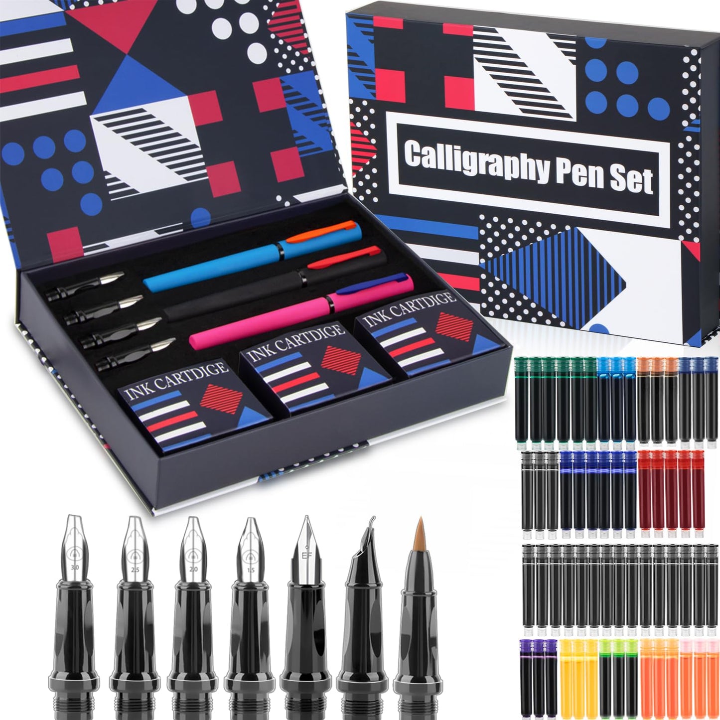 DTianSir Calligraphy Pen Set,Fountain Pens with 7 Different Replaceable Nibs with 60 Ink Cartridges(12 Colors),Calligraphy Set for Beginner Writing Drawing