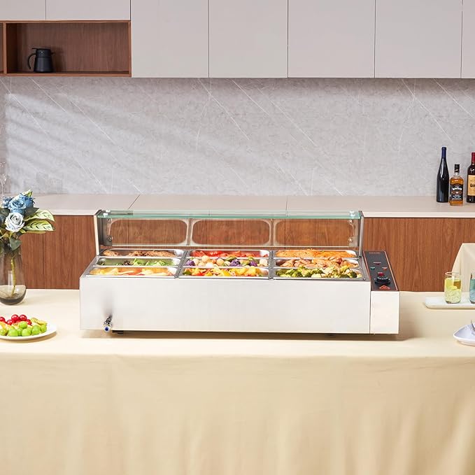 VEVOR 9-Pan Commercial Food Warmer, 9 x 8QT Electric Steam Table with Glass Cover, 1500W Countertop Stainless Steel Buffet Bain Marie 86-185°F Temp Control for Catering, Restaurants, Silver