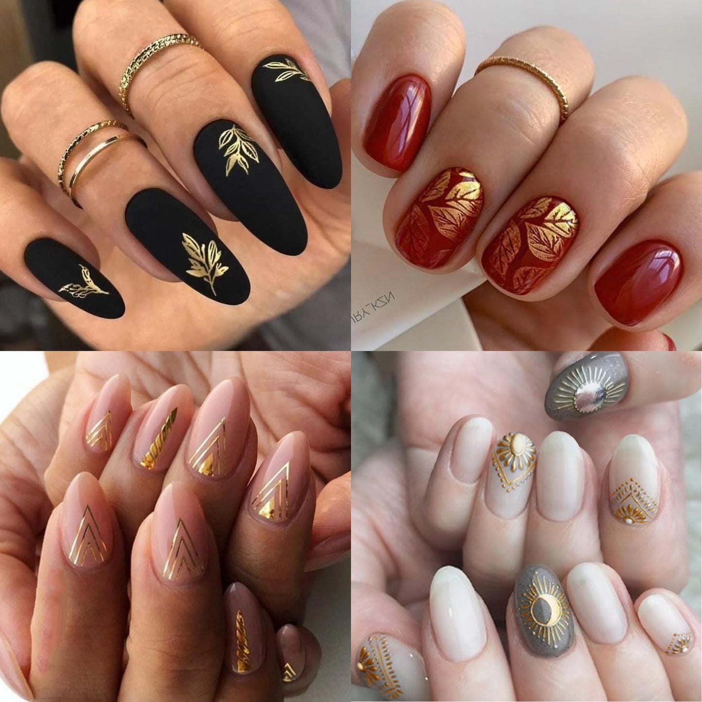 IDDFEVE Gold Leaves Nail Art Stickers - Minimalism Geometry Line Self-Adhesive 3D Nail Decals for DIY Golden Manicure(10 Sheets)