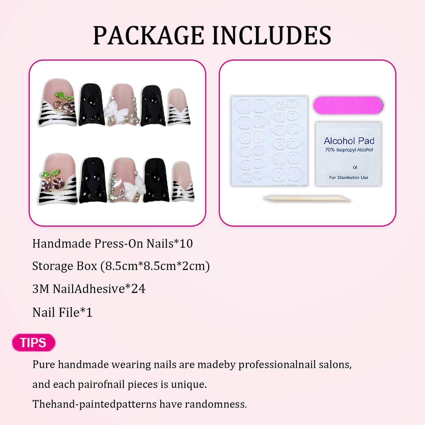 Duck Press on Nails Short Handmade 3D Flower & Cherry Fake Nails Muti-Layer Gel Thick Acrylic Nail Stripe French Tip False Nails with Designs Rhinestones Glossy Black Stick on Nail for Women（M）