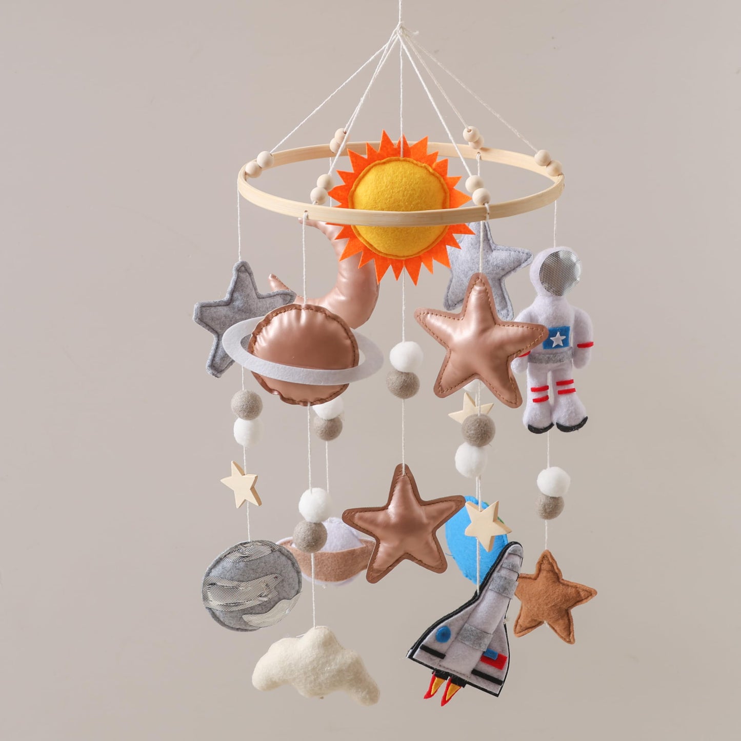Baby Mobile for Crib – Handmade Space Baby Crib Mobile with Astronaut, Rocket & Planets, Nursery Mobiles Felt & Leather Hanging Toy with Beech Wood Ring, Mobile for Crib Bassinet Decor