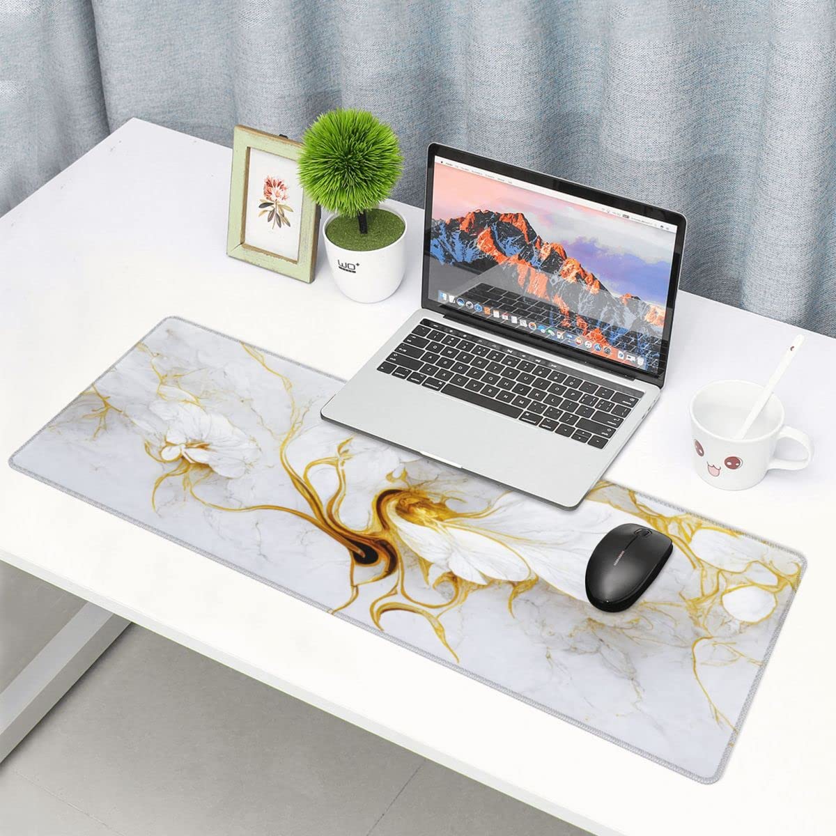 CANFLASHION Desk Pad,Office Desk Mat 31.5"×11.8" Large Gaming Mouse Pad,Extended Computer Mouse Pad,Waterproof Thick Big Mouse Pads with Non-Slip Rubber Base Office Home White Gold Marble Flower