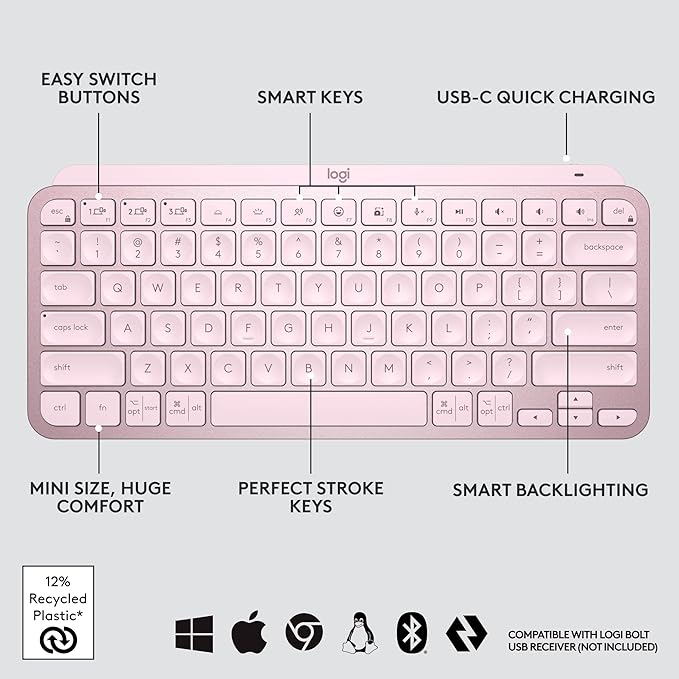 Logitech MX Keys Mini Minimalist Wireless Illuminated Keyboard, Compact, Bluetooth, Backlit, USB-C, Compatible with Apple macOS, iOS, Windows, Linux, Android, Metal Build - Rose