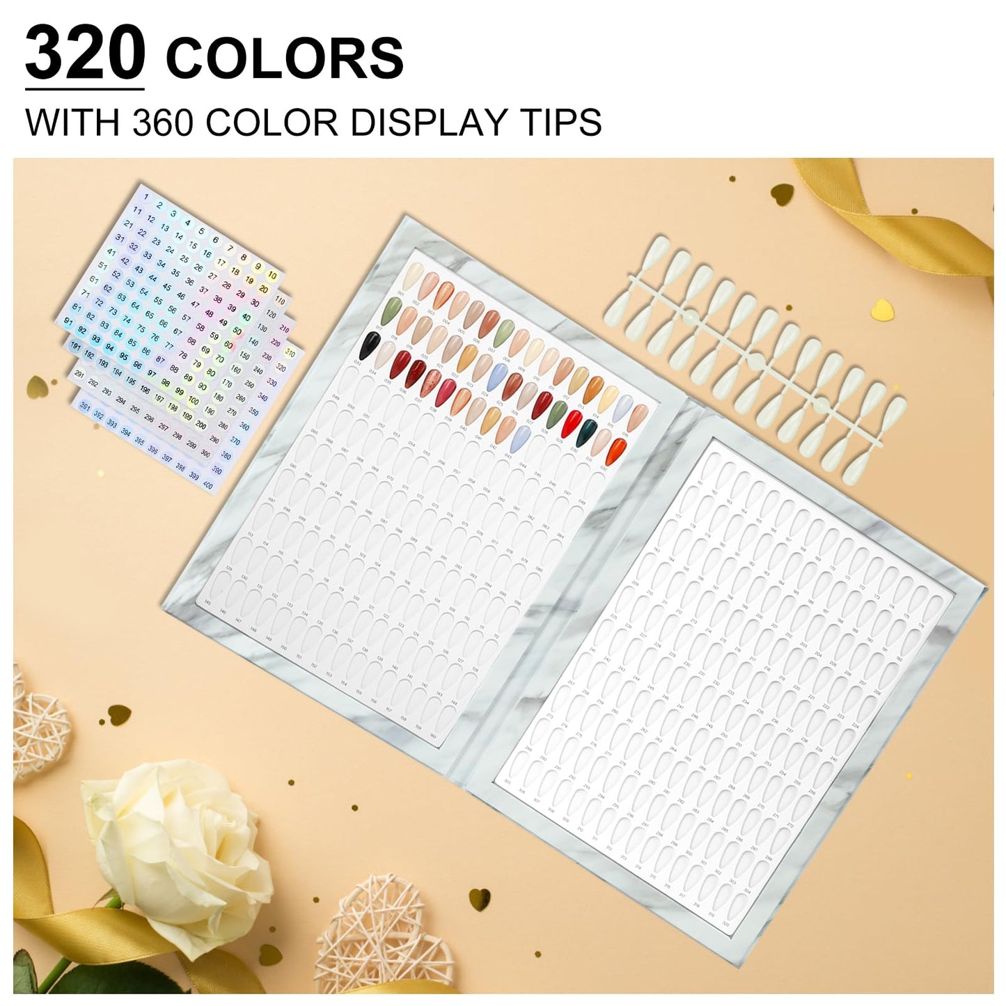 C12rtive 320 Nail Colors Book,Professional Nail Polish Chart Book with 360 Practice Tips & 1-400 Number Labels, Pre-Numbered Slots,Perfect for Salons and Home Use(Marble)
