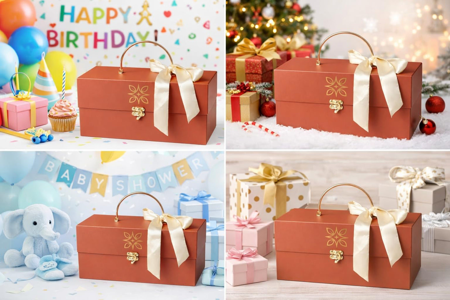 Améluxe Reusable Luxury Gift Box with Love, Brown with Gold Handle and Satin Ribbon, Decorative Storage Box with Clasp