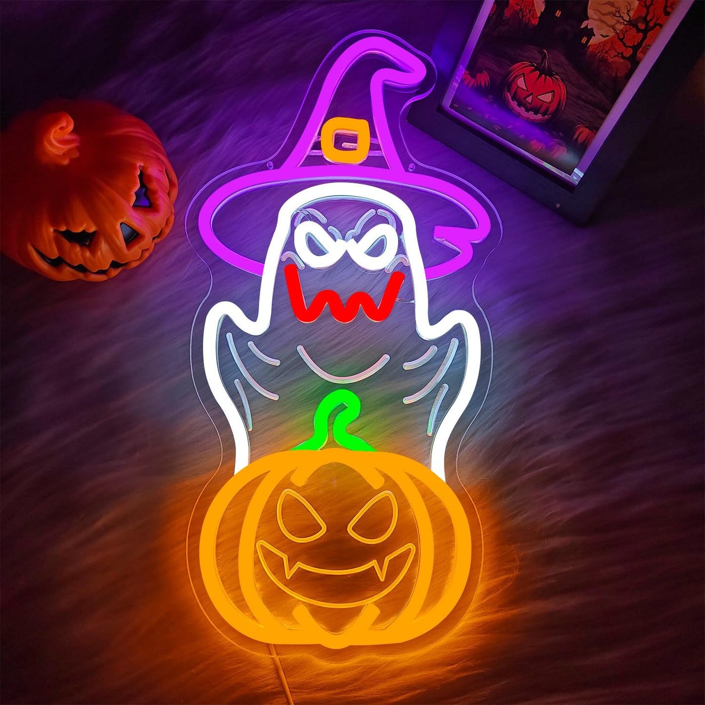 hhuohuona Halloween Neon Sign Dimmable Ghost Led Sign Halloween Ghosts With Witch Hat Neon Lights Jack-O'-Lantern Light Up Sign Spooky Boo Window Lights