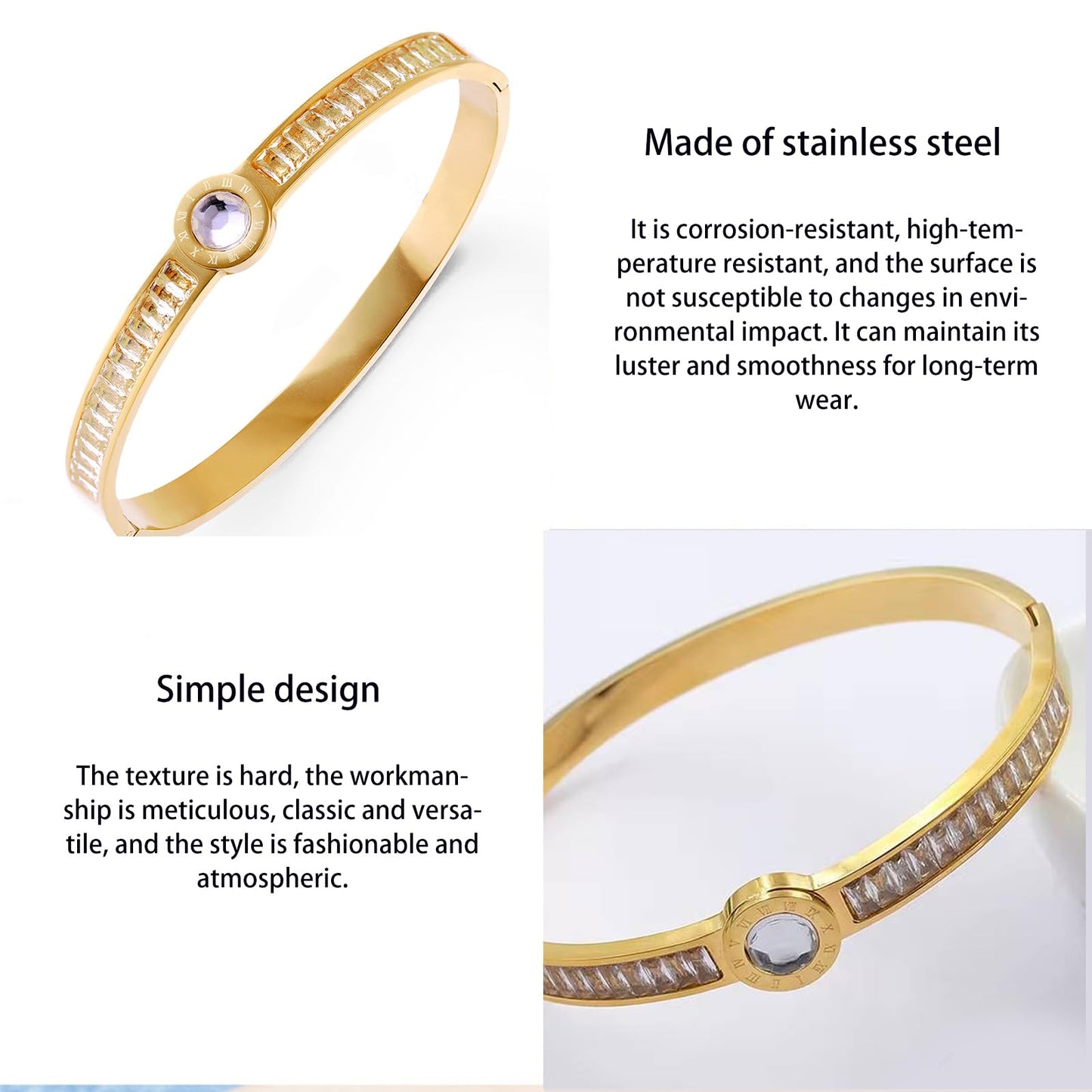 Vbvbip 18K Gold Plated 316L Stainless Steel Bracelets Bangle Collection - 12 Unique Designs + Matching Diamond-Accent Titanium Steel Chain, Gift for Women