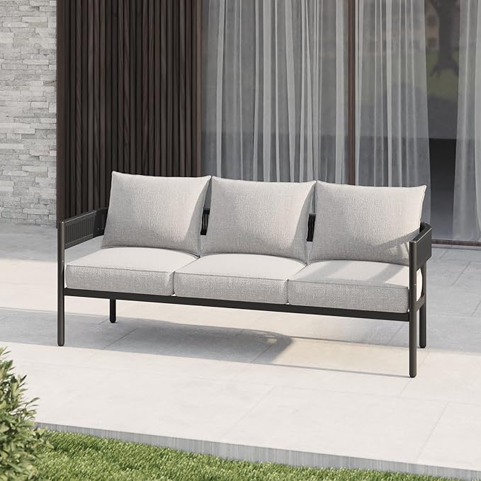 Gand Patio Outdoor 3-Seat Couch Sofa, Wicker Conversation Set with Thick Cushion for Porch, Garden, Yard, Beige