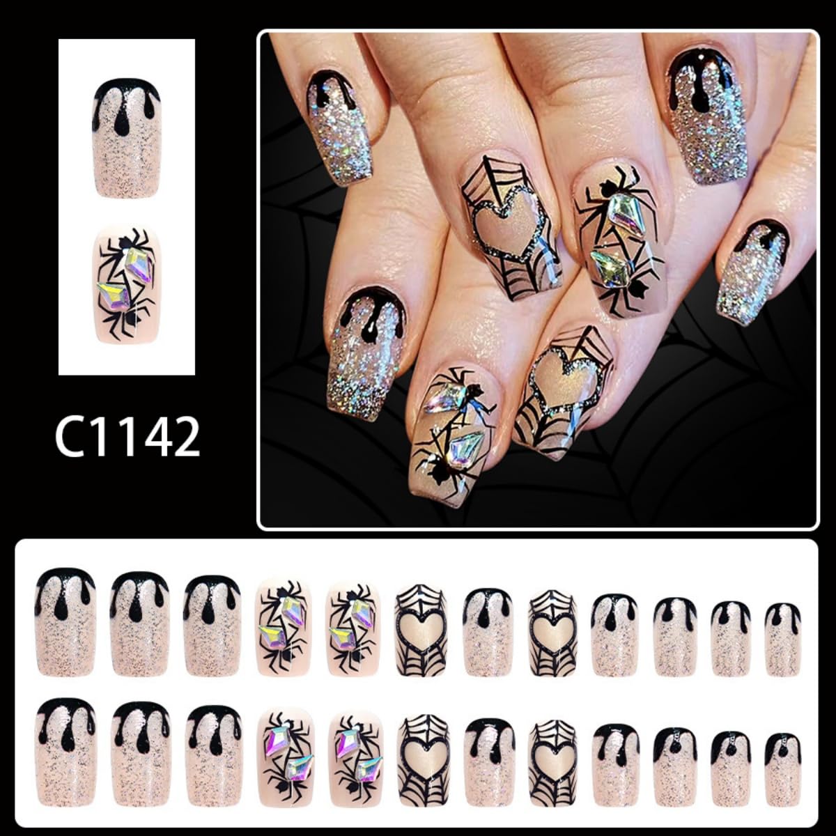 24Pcs Halloween Press on Nails Medium Square Fake Nails Spider and Spider Web Heart Design Stick on Nails Bling Diamond False Nails Full Cover Handmade Acrylic Glue on Nail for Women Manicure