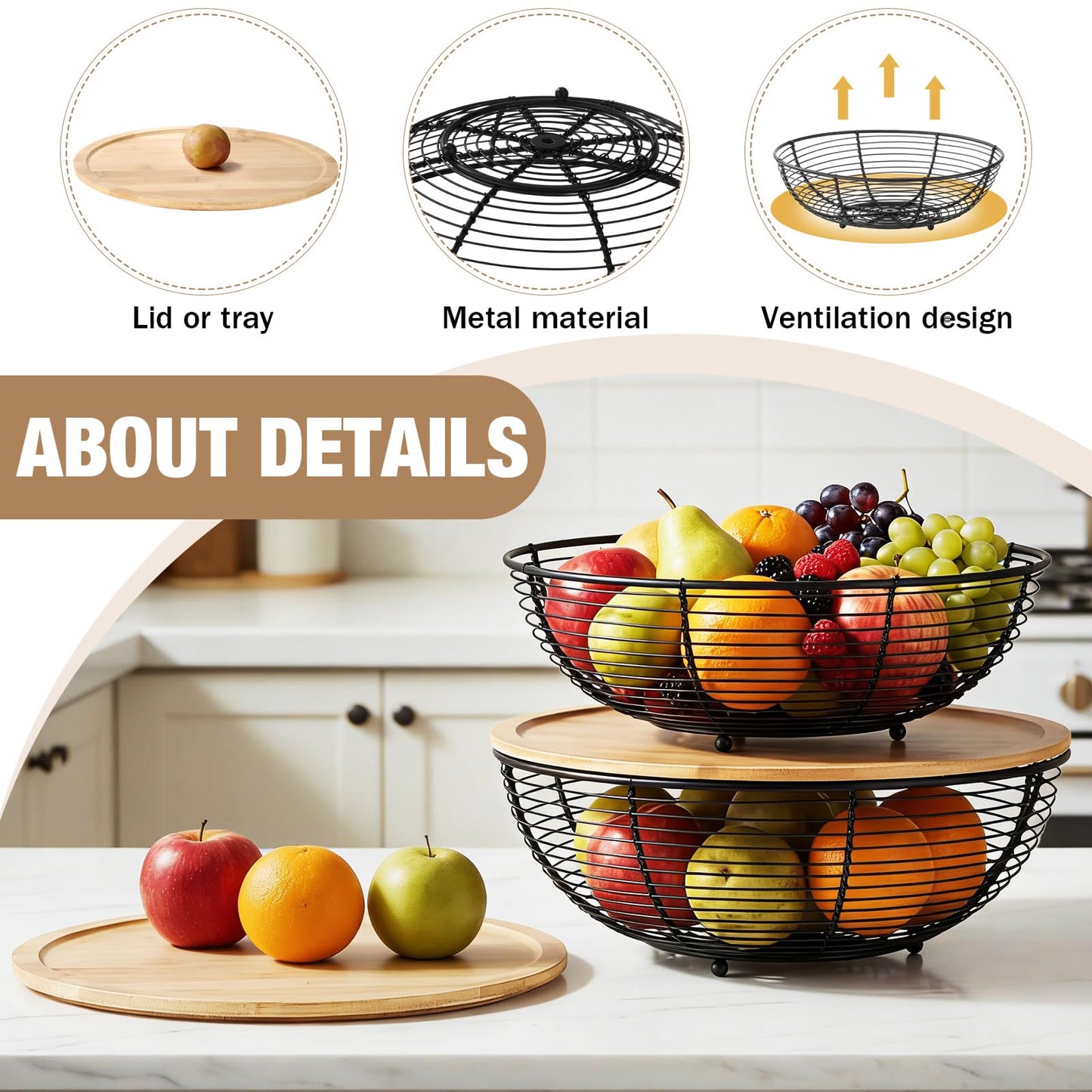 Ferrochef 2 Set Stackable Fruit Basket with Bamboo Lid 11.5 &10.5 Inch Black Metal Wire Large Fruit Bowl for Kitchen Counter Pantry Organizer and Storage for Veggie, Snacks
