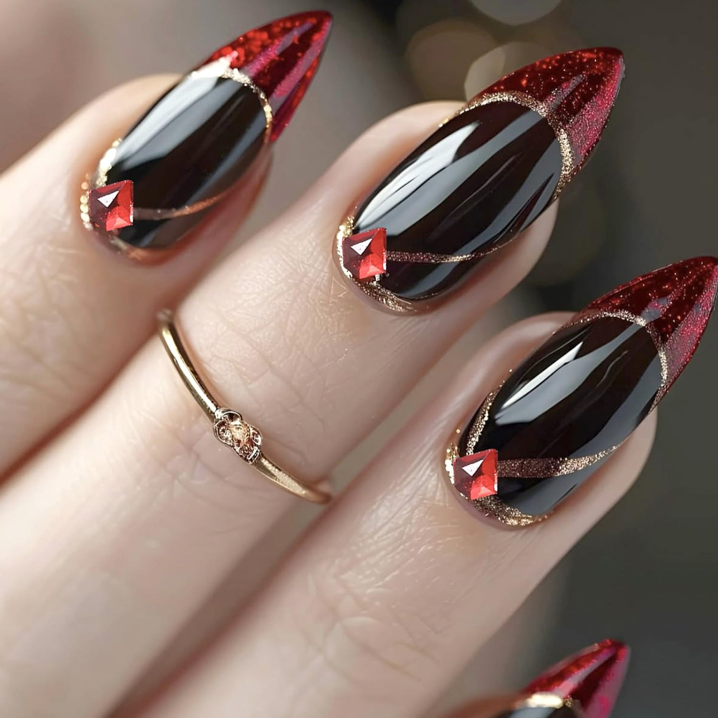 24Pcs Red Glitter French Tip Press on Nails - Medium Almond Fake Nails Press ons 3D Red Rhinestone Designs Gold Lines False Nails Black Glossy Full Cover Reusable Acrylic Stick on Nails for Women