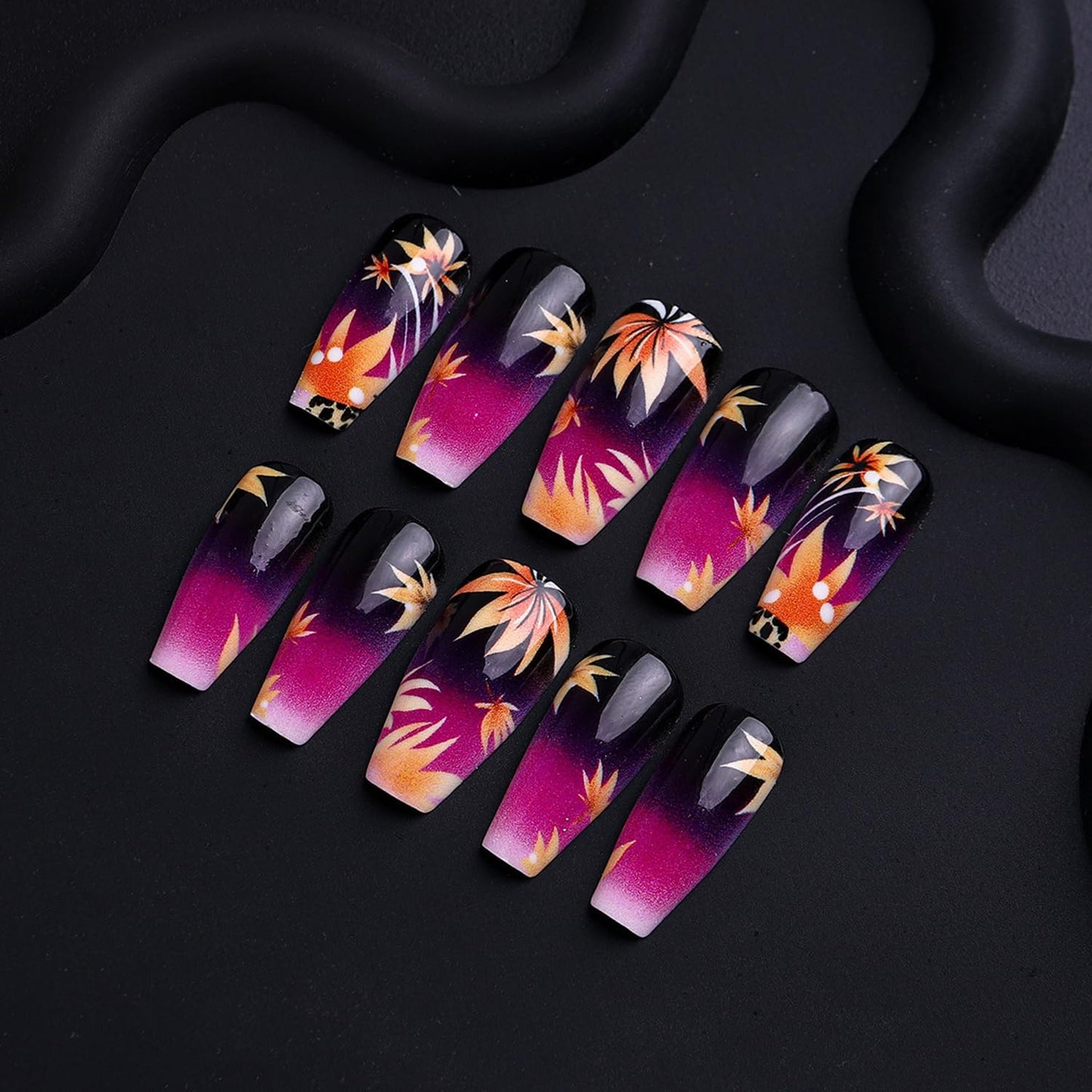 CJDLTS Autumn Press on Nails Medium Ballet Artificial Acrylic Fake Nails Gradient Maple Leaf Design Stick on Nail Full Cover Thanksgiving False Nail Artificial Fingernails for Women Festival Manicure