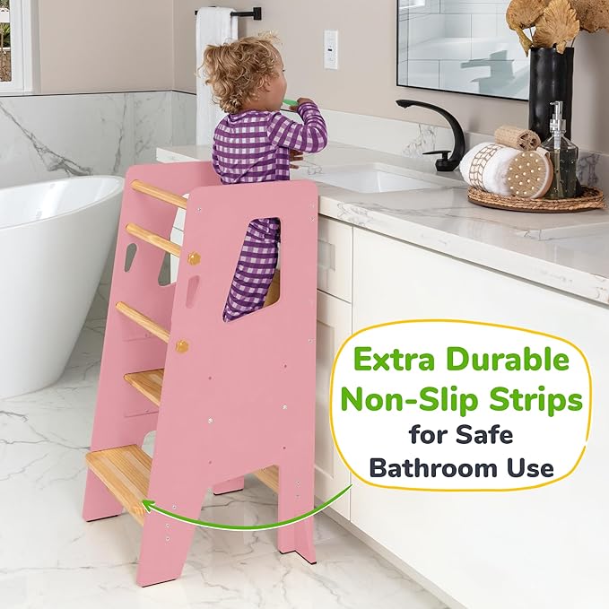 OCODILE Toddler Standing Tower - Adjustable Height Toddler Kitchen Stool Helper - Ideal Kids Kitchen Step Stool for Learning New Skills - Updated Design with Safety Feet - Pink