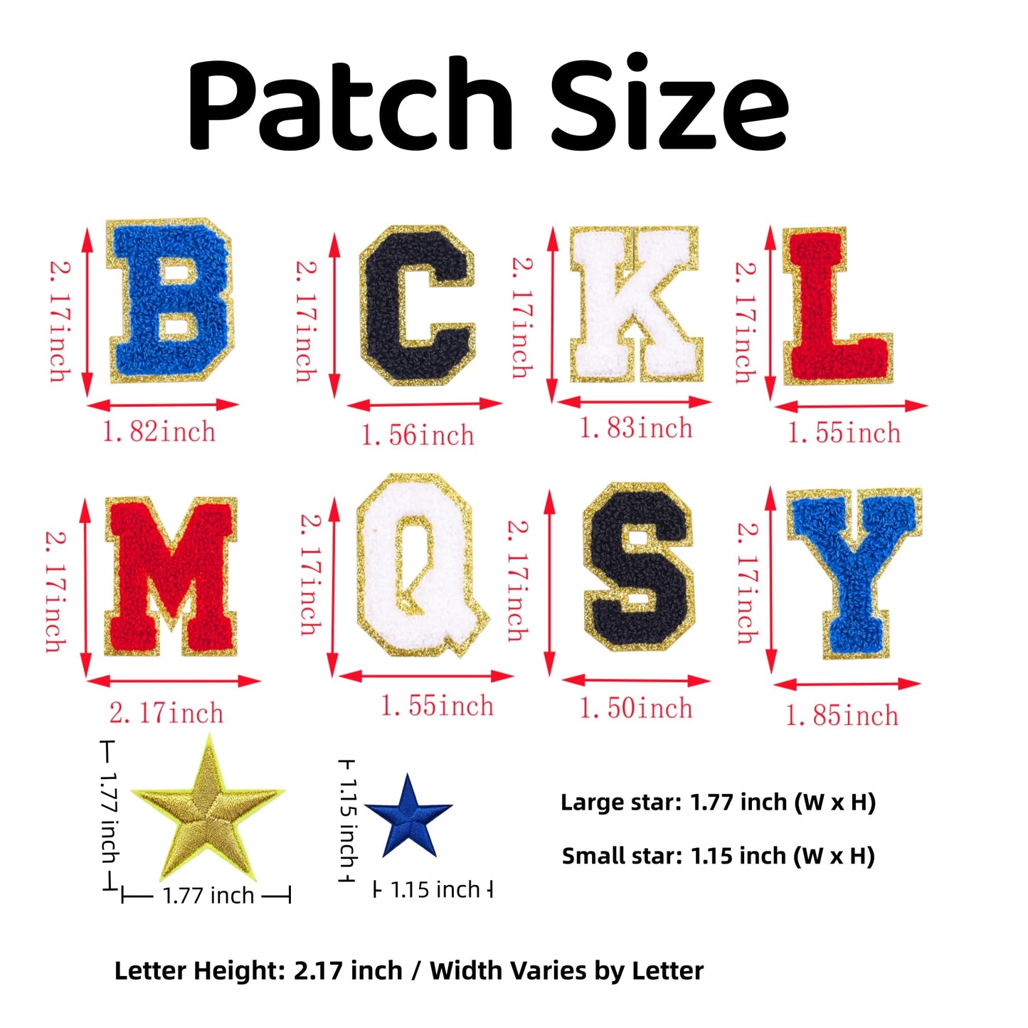 128 Pcs Varsity Letter Patches Kit - 104 Self-Adhesive Chenille Letters & 24 Iron-On Stars, Peel & Stick Fabric Patches for Clothes, Backpacks, Hats (2.17", Red, Black, Blue, White & Gold Stars)