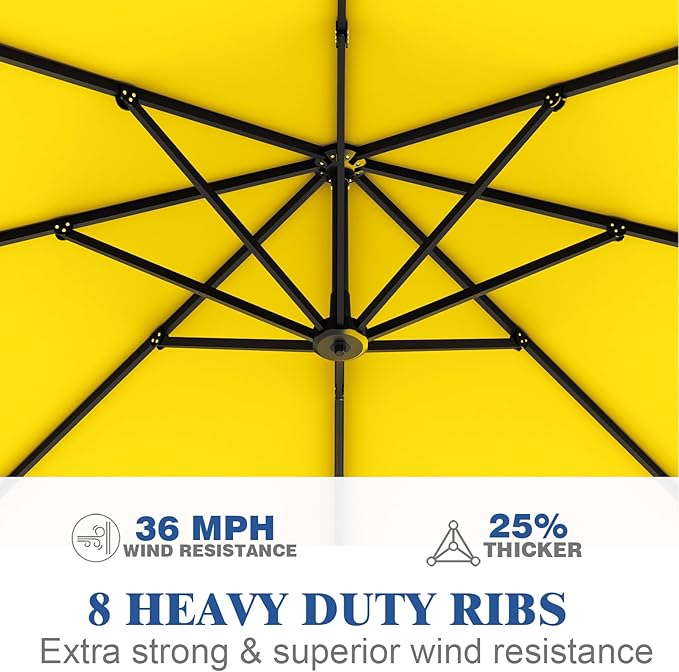 7 Piece Patio Dining Set with 11ft Patio Umbrella (Yellow), 7 Navy Outdoor HDPE Dining Set with 6 Chairs + 1 Large Table with 2" Umbrella Hole, for Market, Pool, Garden, Backyard, Deck